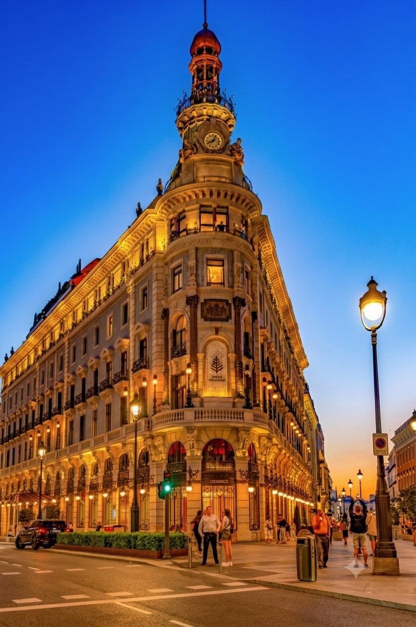 Gran Vía, Madrid at dusk — the streetscape Ayalon Invest operates within